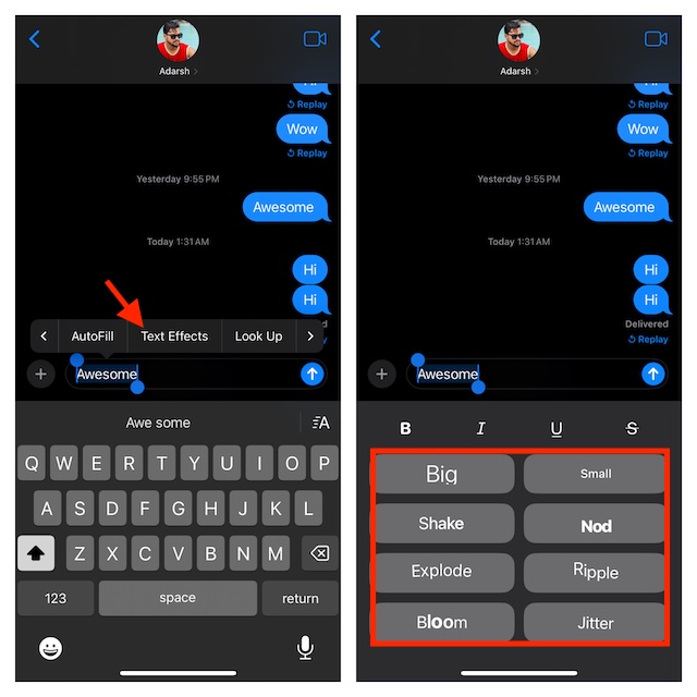 Send an imessage with awesome text effects in iOS 18