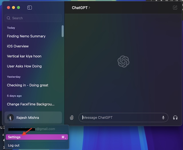 Choose Settings in ChatGPT on your Mac