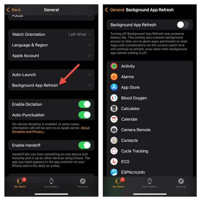 Disable background app refresh on Apple Watch